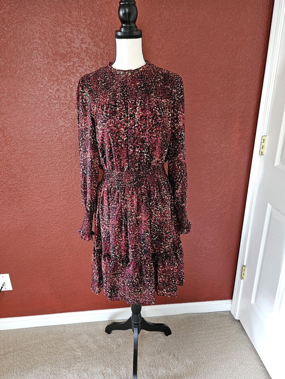 Taylor Burgundy and Black Long Sleeve Printed Smocked Waist Dress